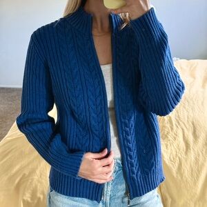 Lands' End Women's Blue Cable Knit Sweater Cardigan Jacket